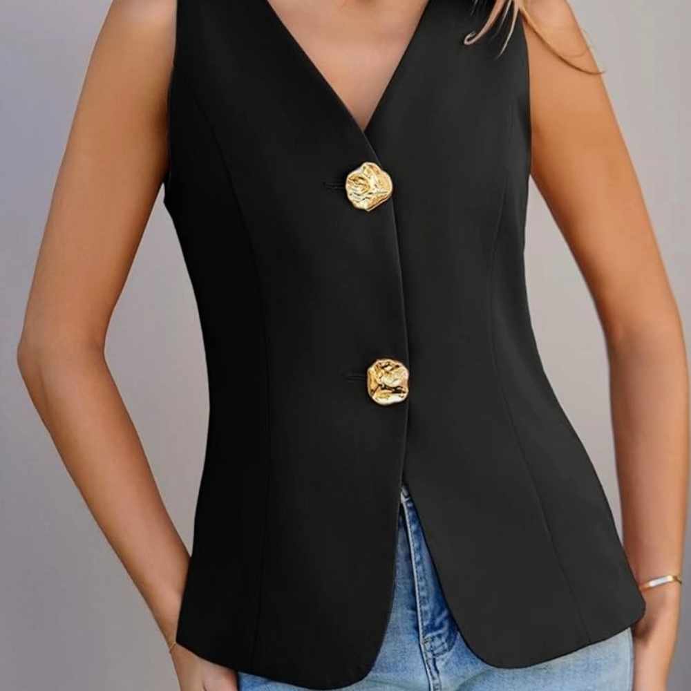 Cicy Bell Black Sleeveless Blazer with Gold Buttons New Without Tags